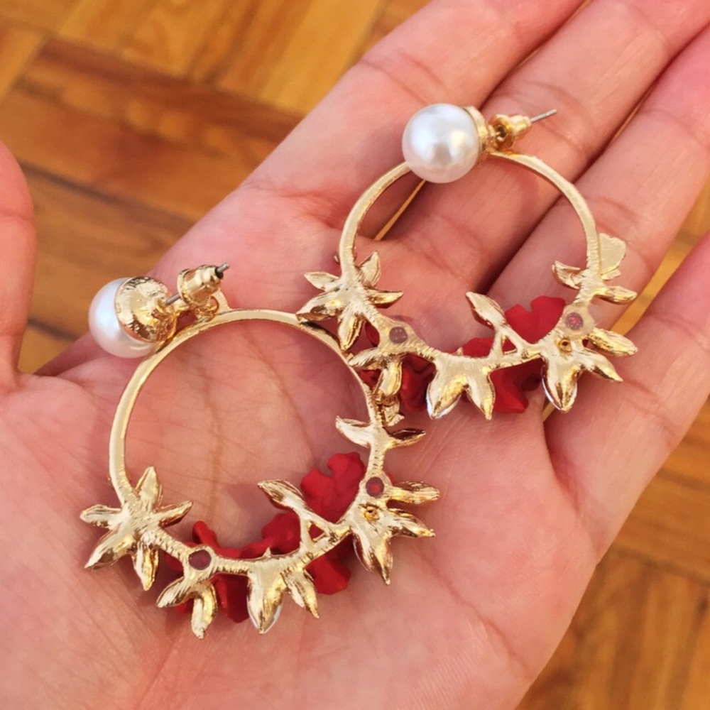 5 for $25 Red Hoop Flower Earrings - Picture 3 of 5